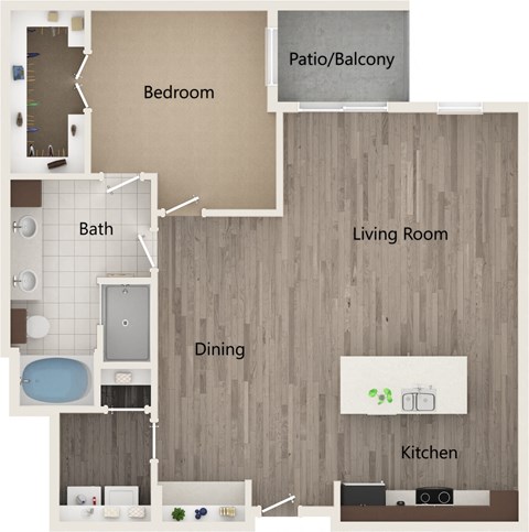 A floor plan of a house with a bedroom, bath, living room, dining area, and kitchen.